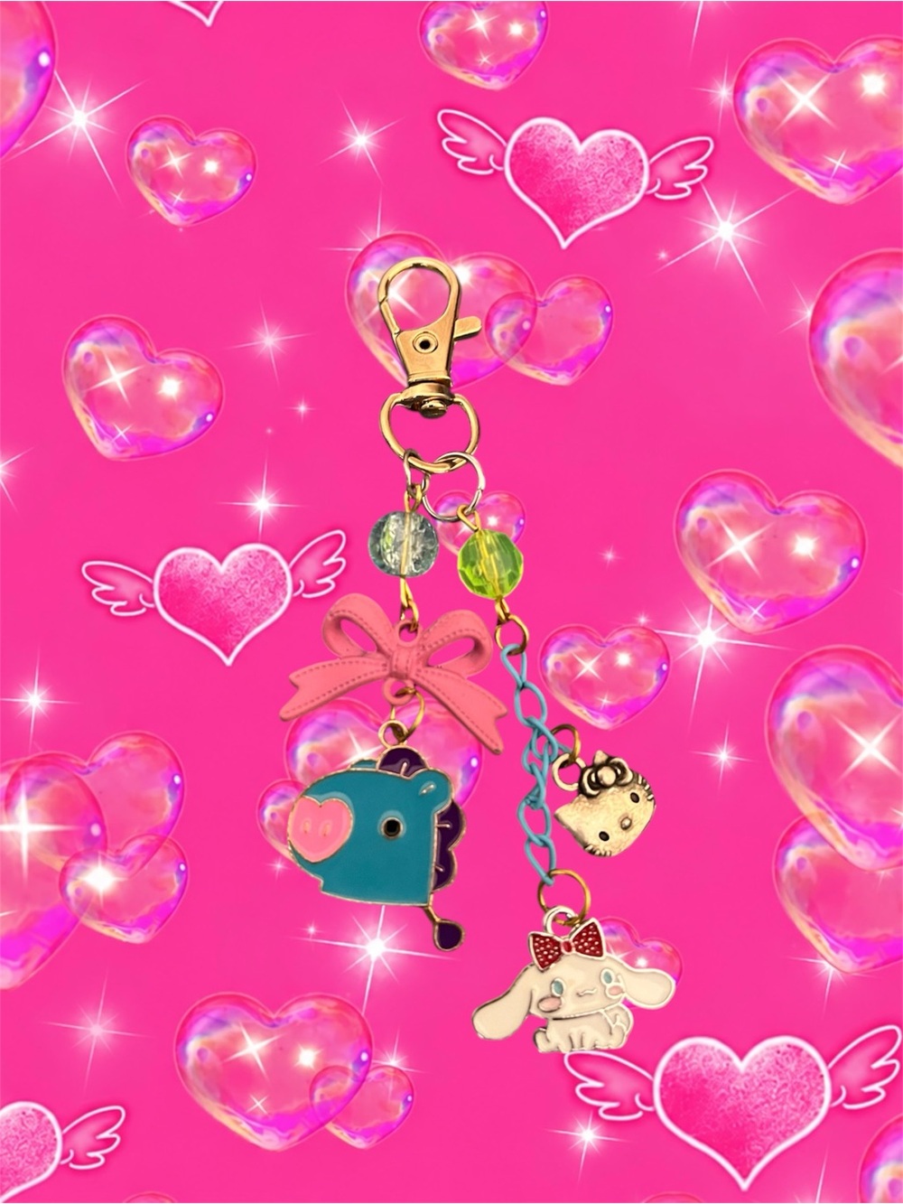 Cute Pink Bow & Charm Keychain - Pink